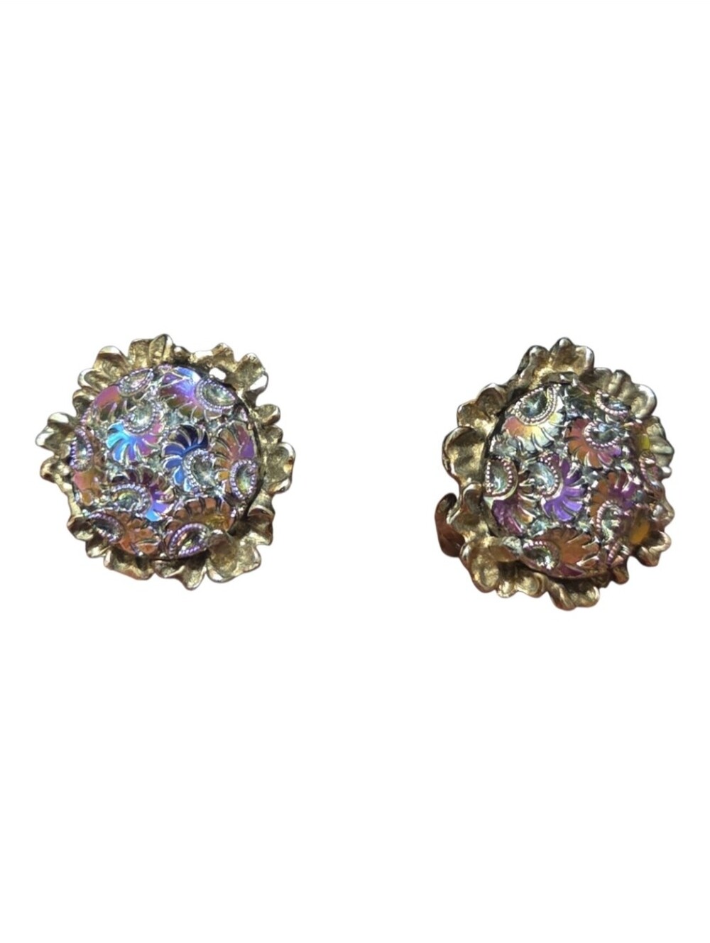 Vintage Elizabeth Morrey Iridescent Art Glass Gold Tone Clip On Earrings Signed